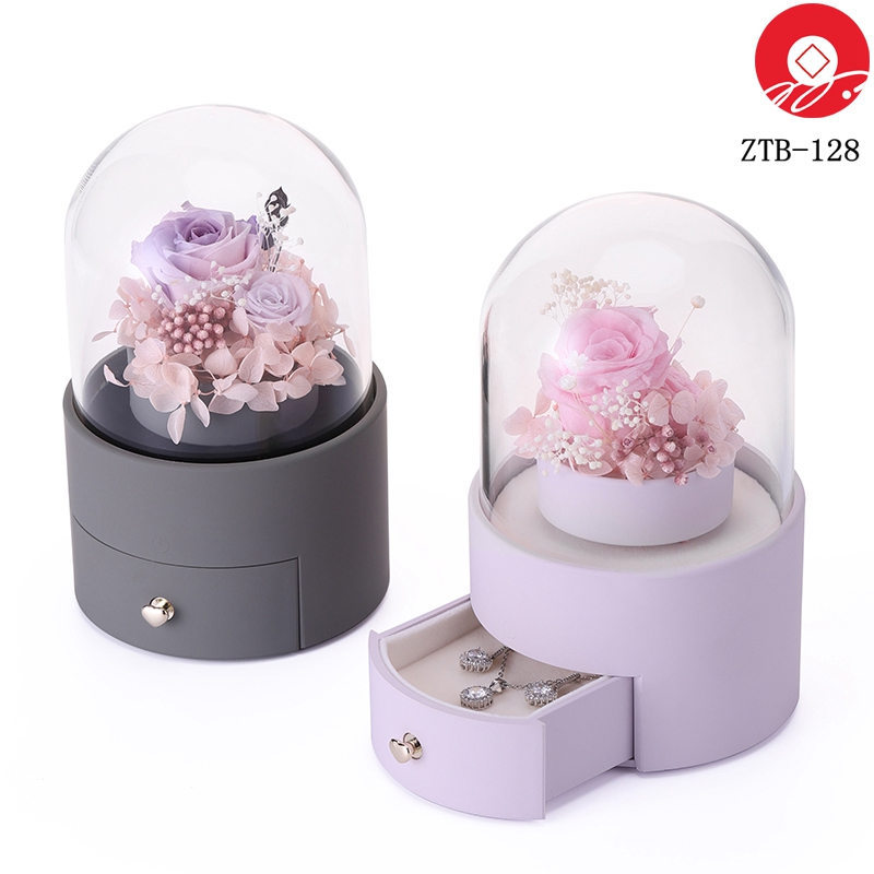 ZTB-128 blue cylindrical shaped eternal flower jewelry box with rotating flower for valentine’s day