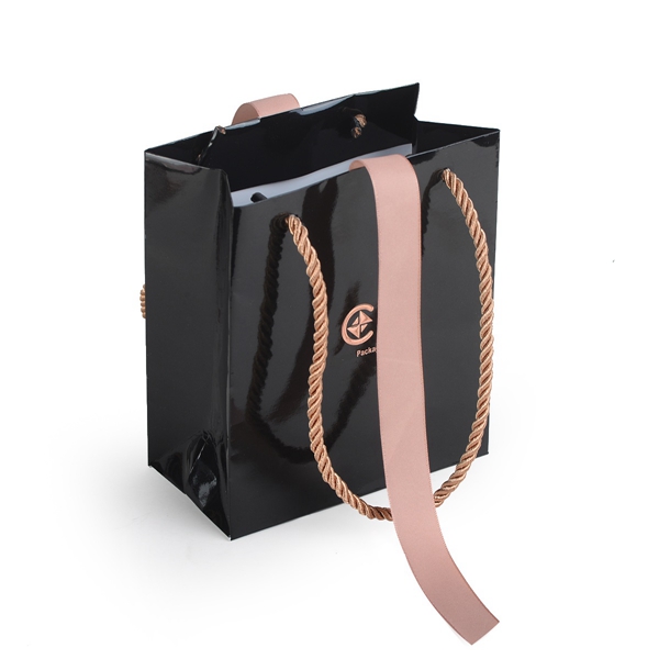 ZD-022 black color paper jewelry bag with handle and ribbon